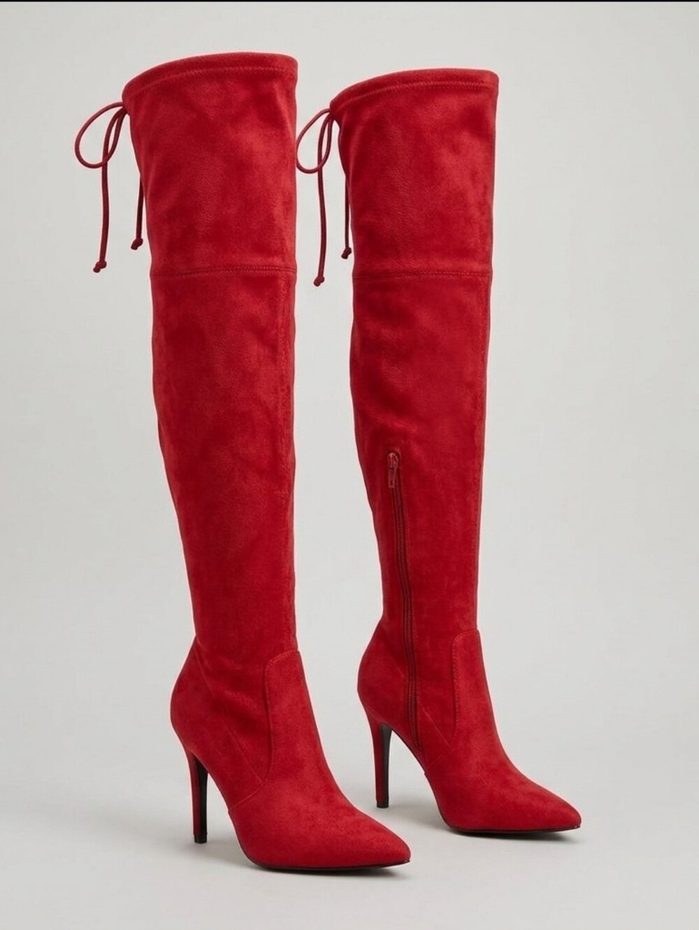 Hot Tomato Red Thigh High Heeled Boots Faux Suede 12W